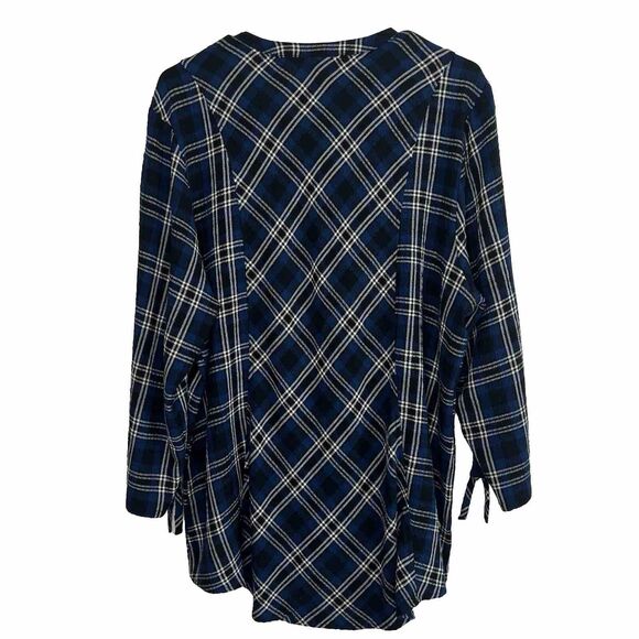 Habitat Blue Plaid A Line Long Button Front 3/4 Sleeve Top Lagenlook Large A24 - Picture 4 of 7